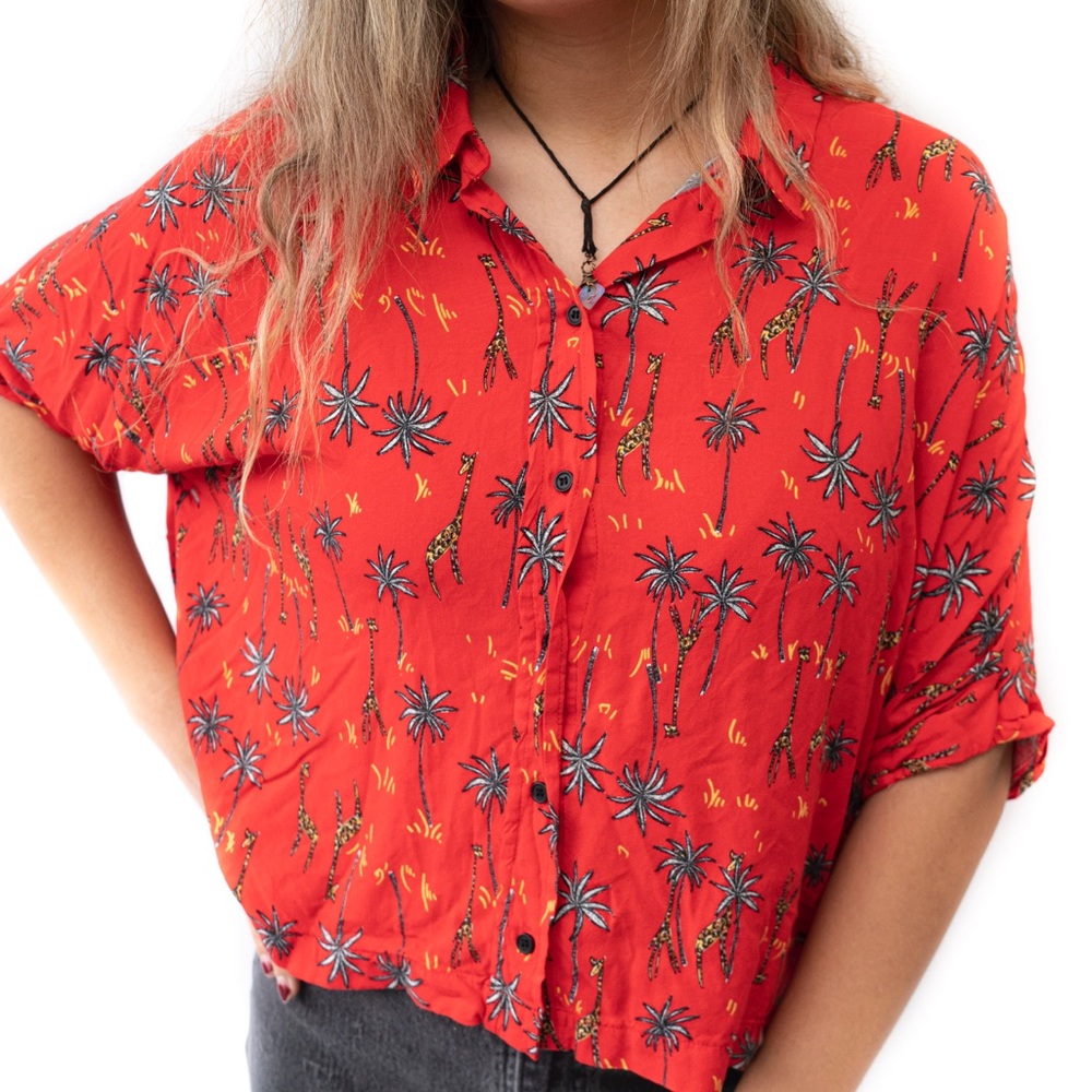 TOPSHOP Red Giraffe Safari Button-up Blouse